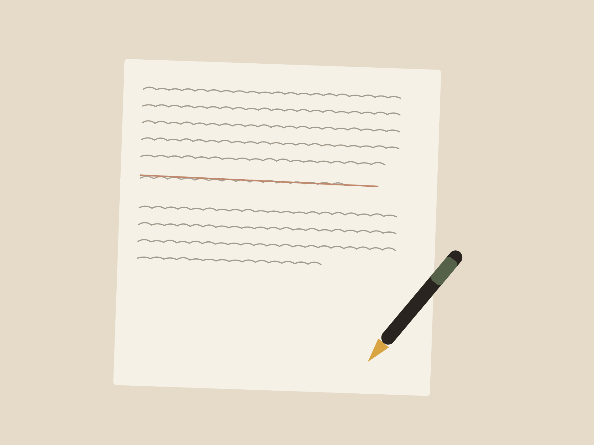 A working draft with handwriting, a gently struck-through line, and a fountain pen.
