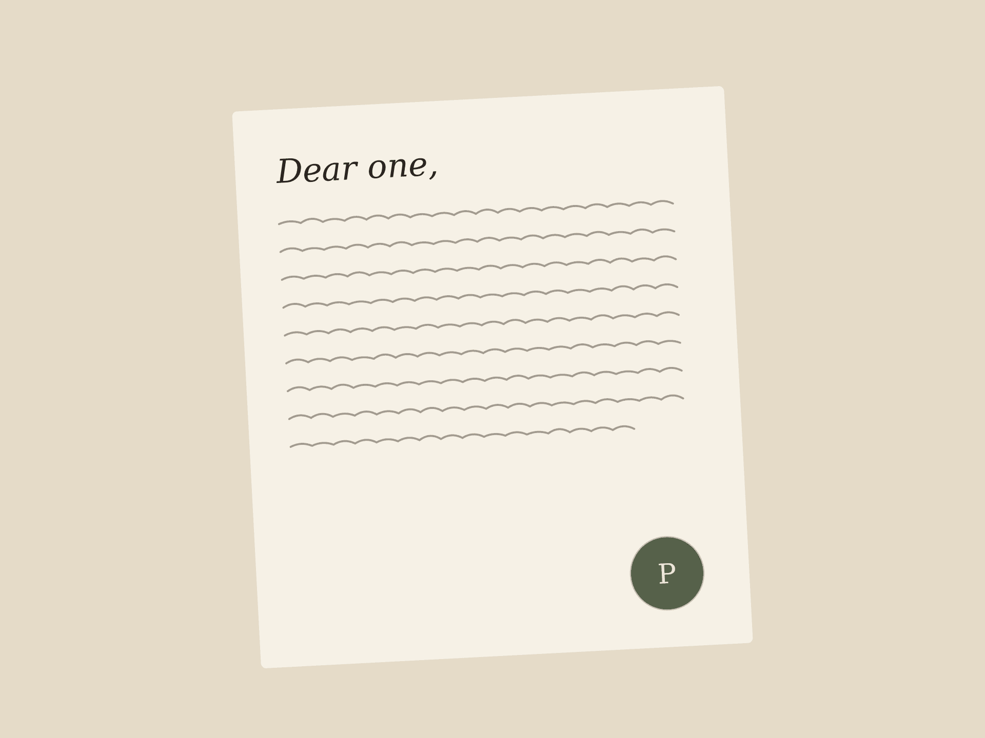 A handwritten legacy letter on warm paper, sealed with a sage wax seal marked P.