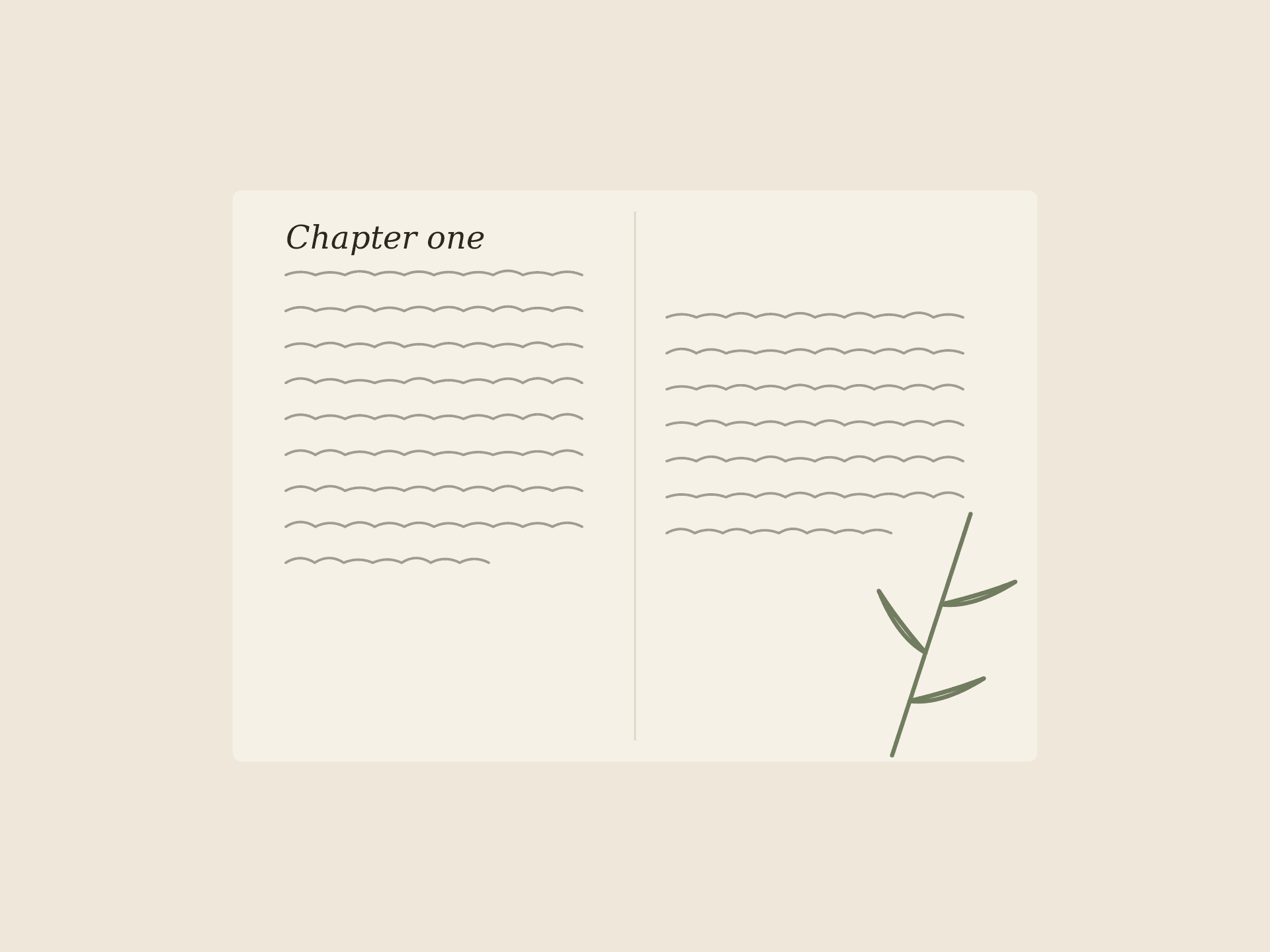 An open two-page written narrative with a botanical sprig in the margin.