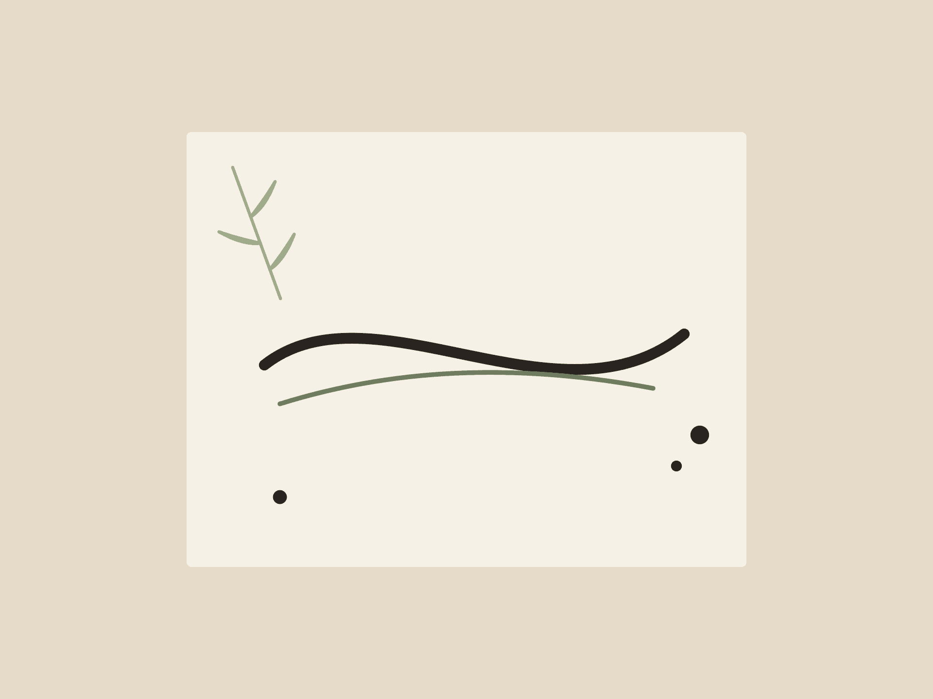 An expressive ink brushstroke across warm paper beside a sage leaf.