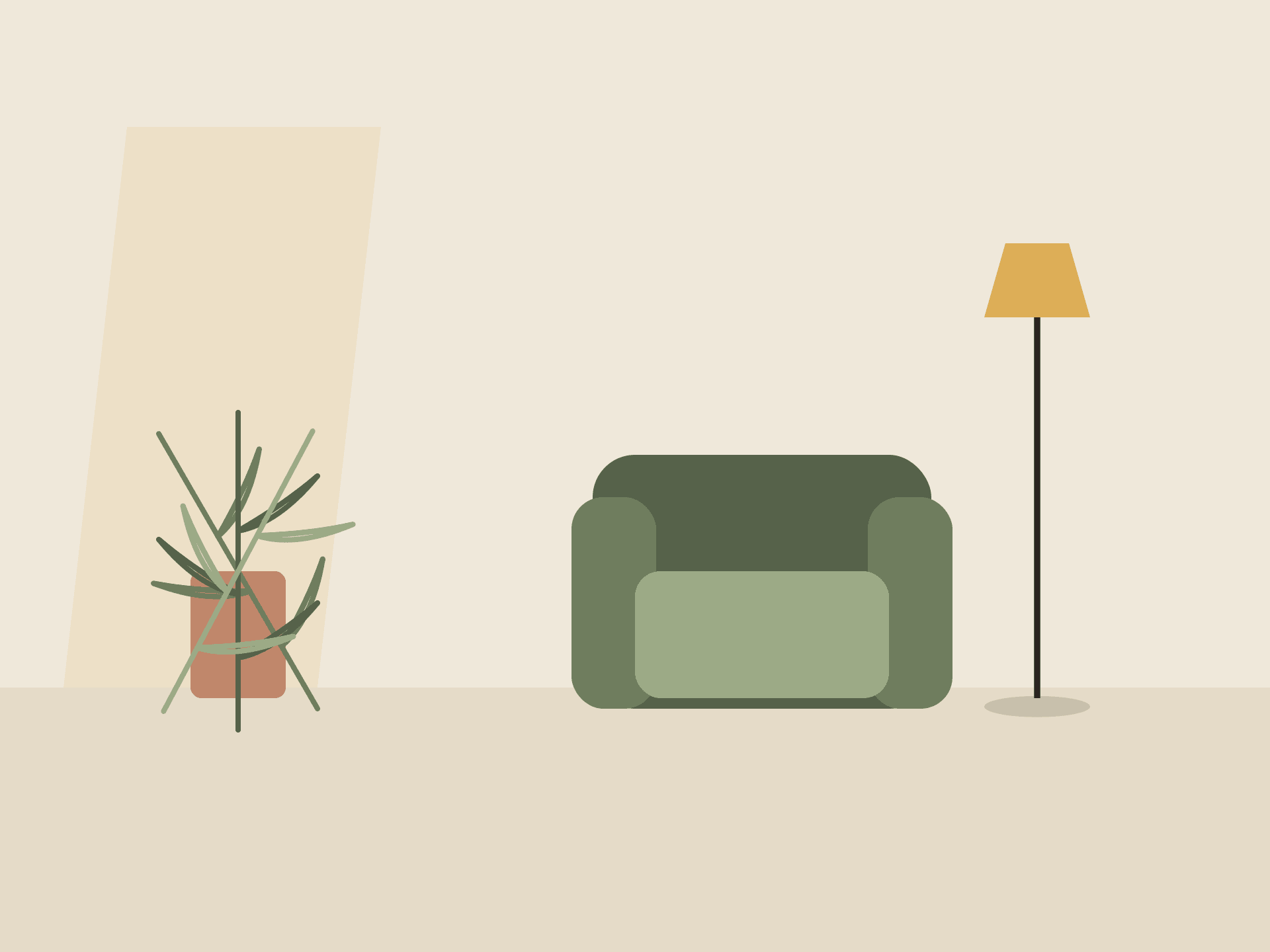 A warm, calm room with a sage armchair, a potted plant, and soft lamplight.
