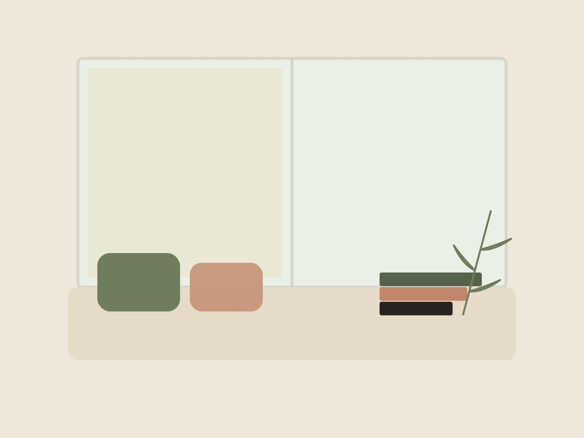 A sunlit window seat with cushions, a stack of books, and a plant.