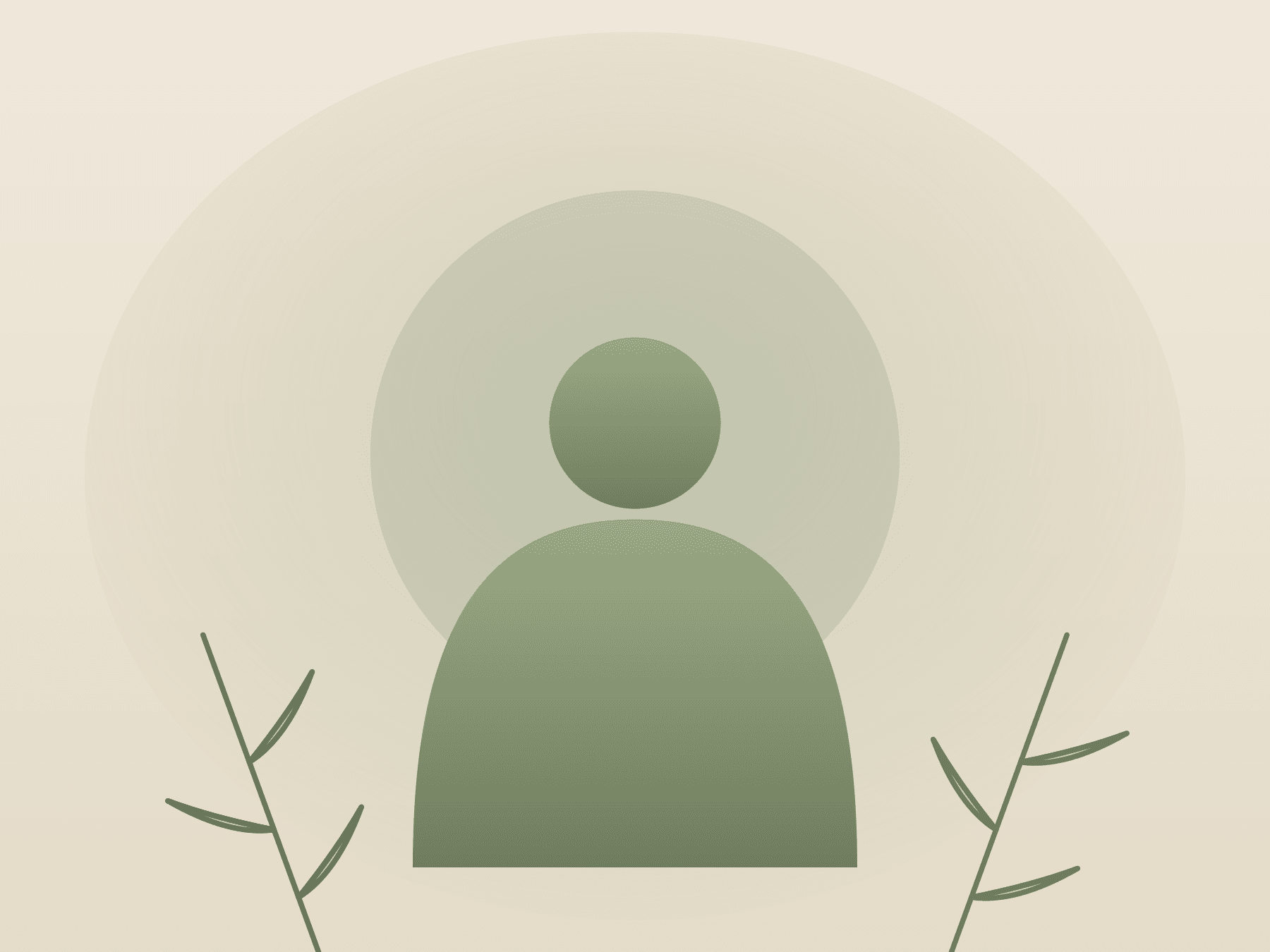 A calm, illustrated figure framed by botanical sprigs.