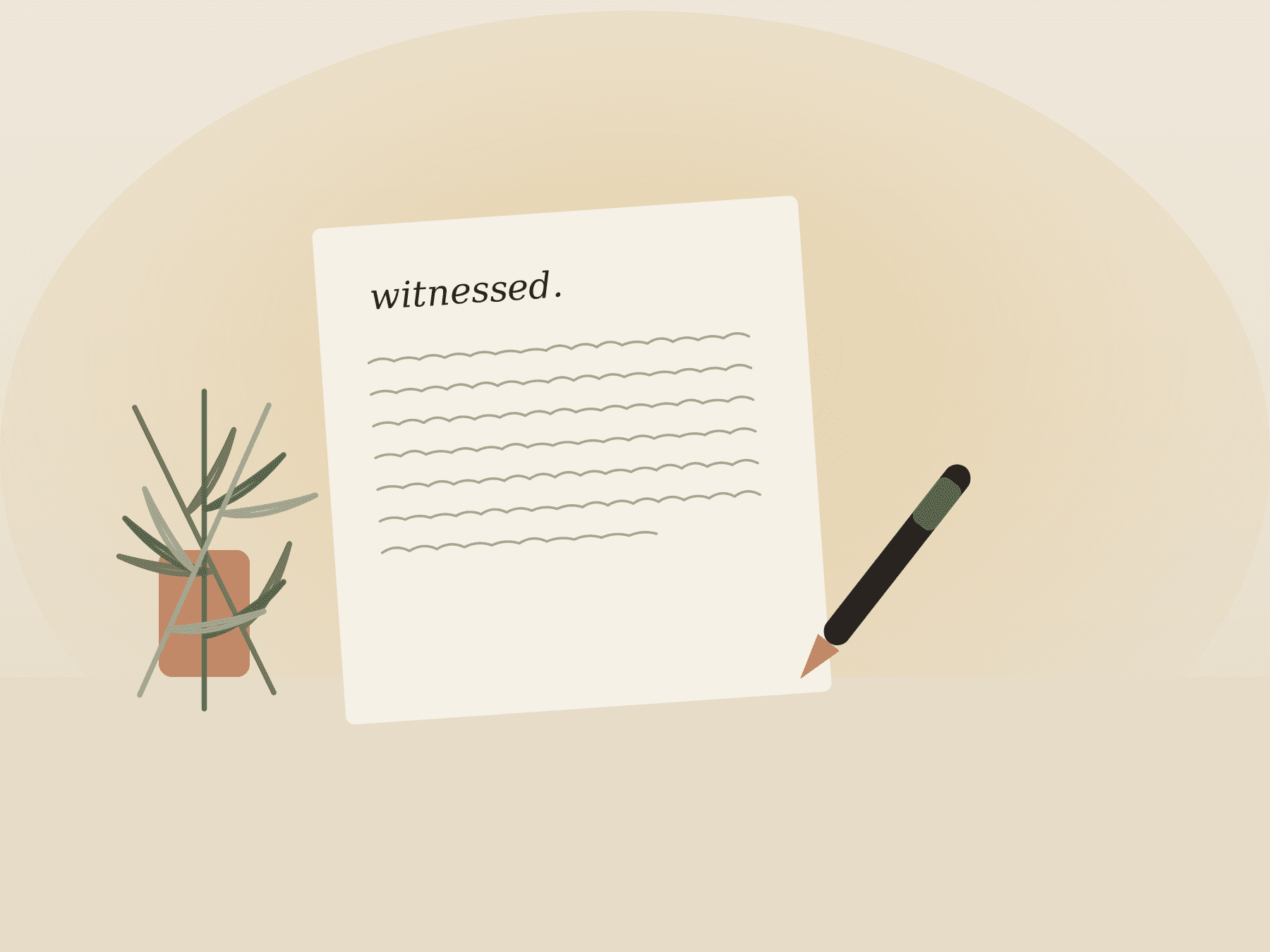 A calm writing desk with a sheet of paper, a fountain pen, and a small plant.