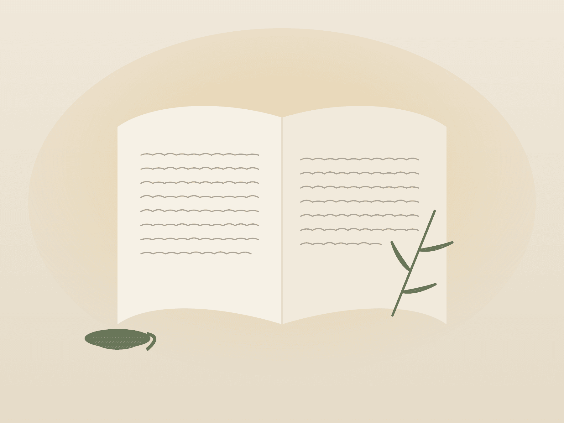 An open written spread with flowing handwriting, a botanical sprig, and a cup of tea beside it.