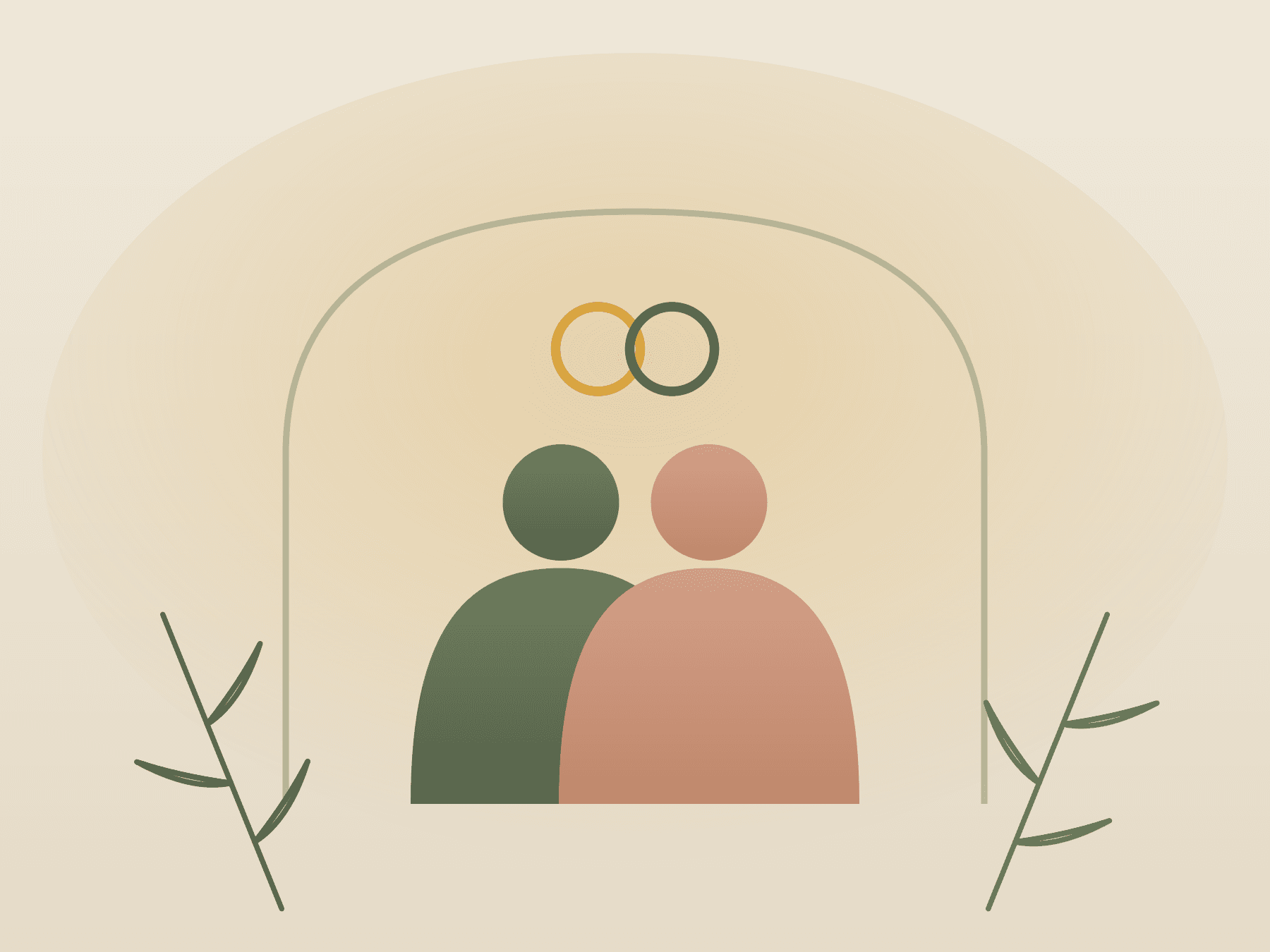 Two figures side by side beneath an arch with two interlocking rings above them.