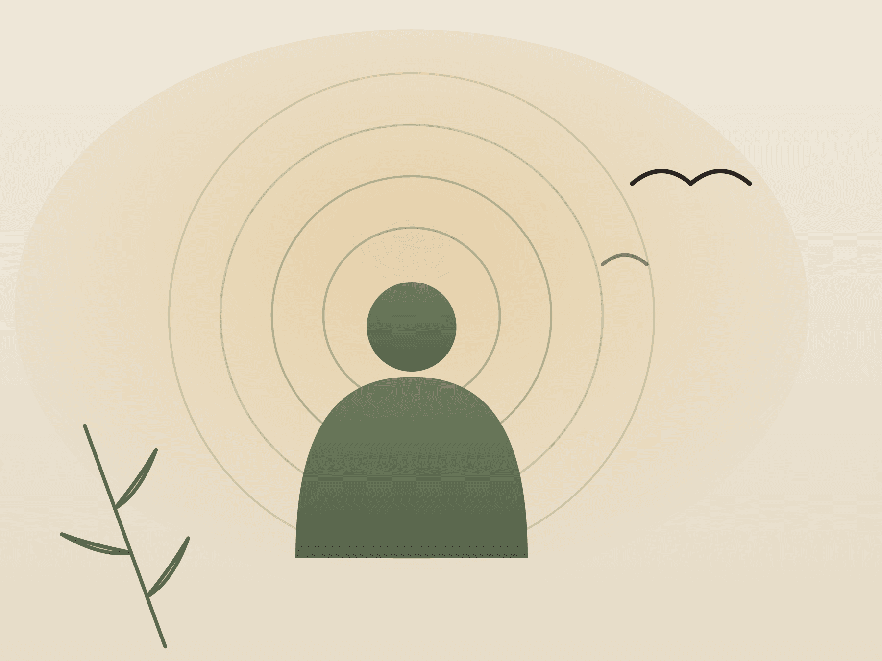 A seated figure with gentle sound rings radiating outward and two birds rising — a voice returning.